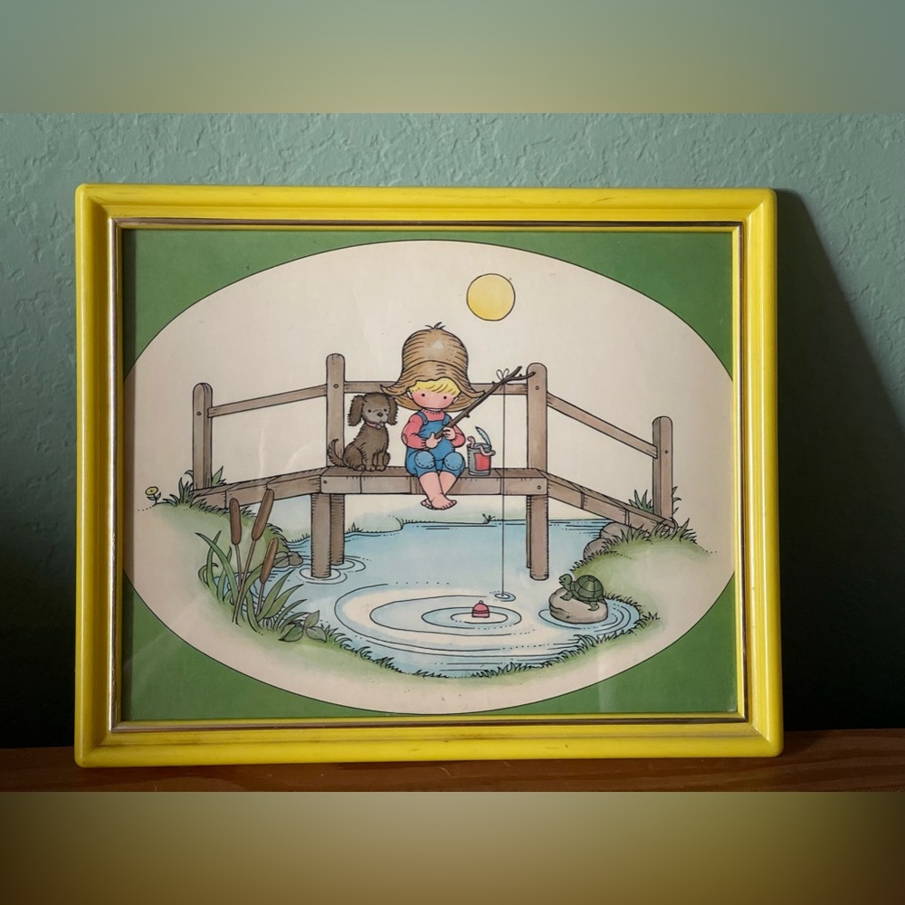 Vintage 70th Holly Hobby fishing hole Yellow Plastic Frame Glass 11x9”